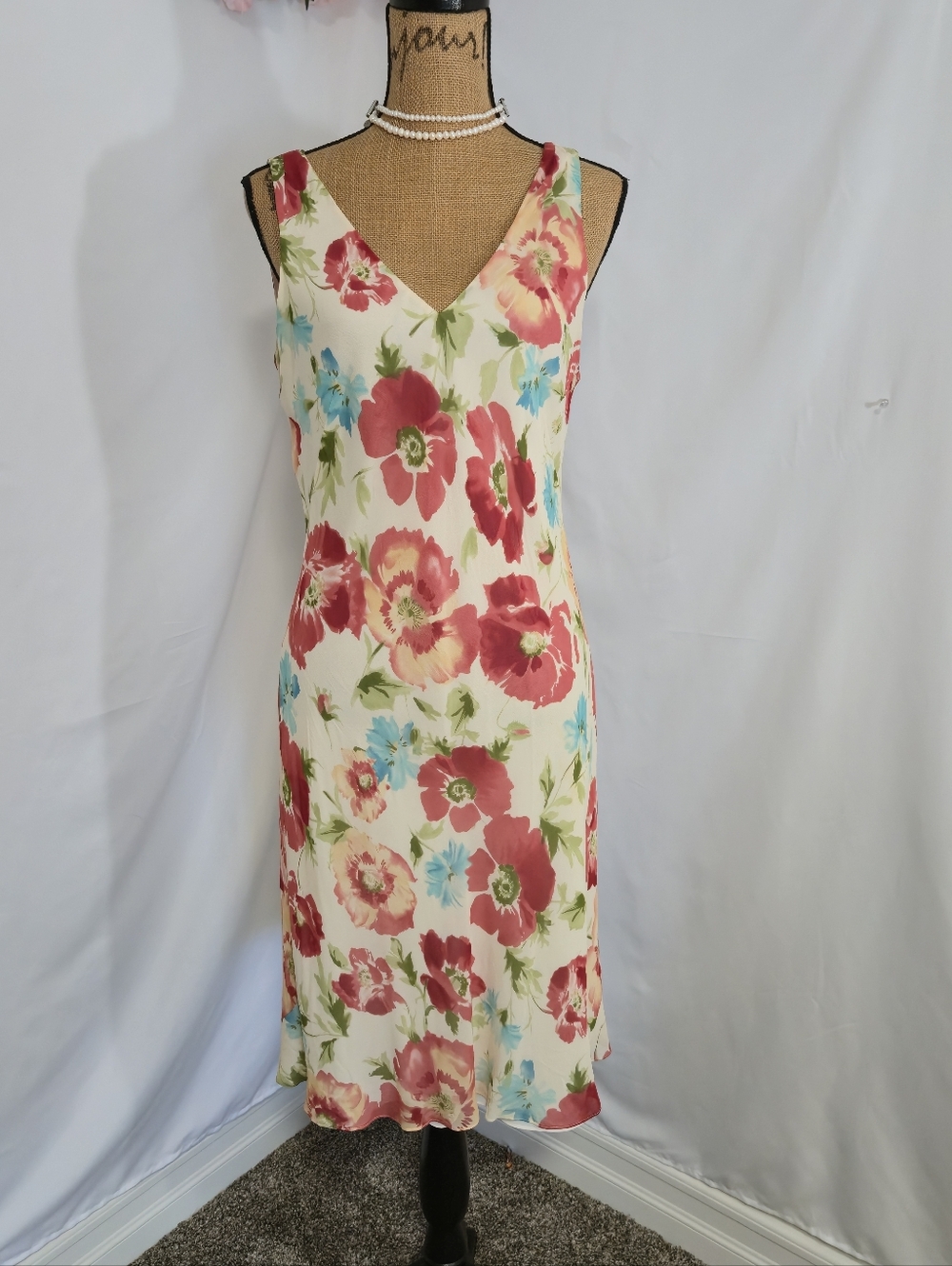 Ann Taylor Cream Floral Midi Dress with Red & Blue Blooms